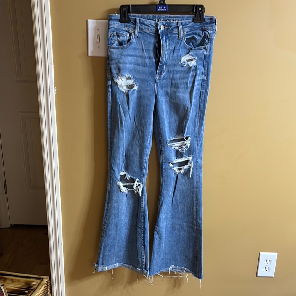 American Eagle Outfitters Blue Flare Jeans with Distressed Design